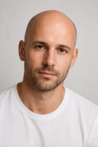 Portret łysego mężczyzny z krótkim zarostem na neutralnym tle, przedstawiający problem łysienia u dorosłych.